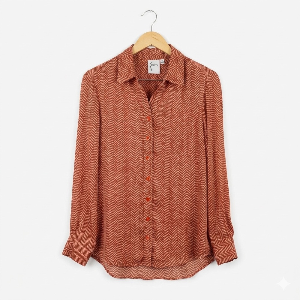 Finley "Mini Monica" Rust Herringbone Button Down Blouse Shirt Made in USA M - Picture 1 of 9